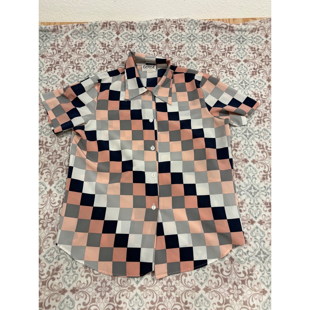 Expose Vintage Checkered Button Up Shirt Peach Navy Grey Geometric Short Sleeve